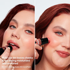 Almay close-up lip application showing natural coral flush benefit for hydrated lips