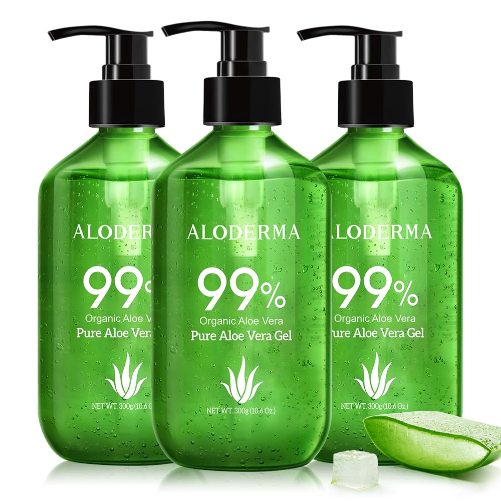 Aloderma pump bottle front view showing organic aloe and easy dispensing benefit