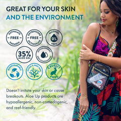 ALOE UP bottle next to a coin showing compact 4 oz travel-friendly size benefit