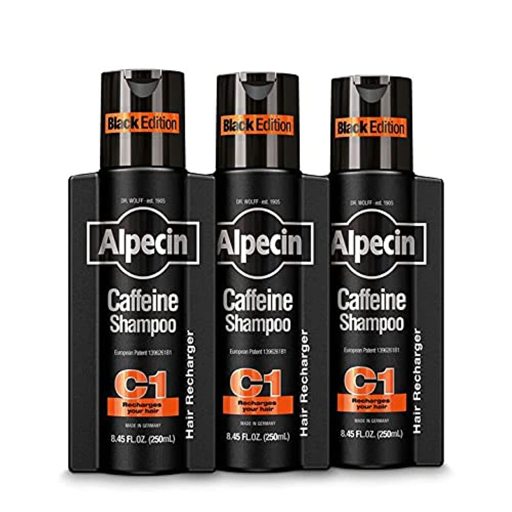 Alpecin C1 Black Edition front bottle showing label and bold design benefits thicker-looking hair