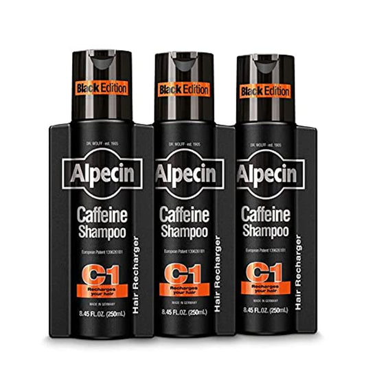 Alpecin C1 Black Edition front bottle showing label and bold design benefits thicker-looking hair