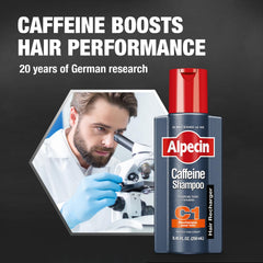 Alpecin C1 next to ruler showing 8.45 fl oz bottle size for scale