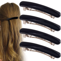 Alpinleux front view of four black barrettes showing neat compact pack and simple style benefit