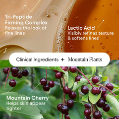 Flatlay of Alpyn Super Sculpt Serum with apple and chokecherry extracts highlighting botanicals