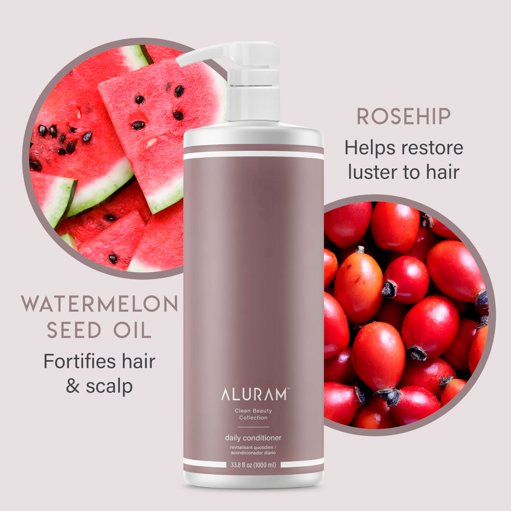 ALURAM bottle label detail highlighting coconut water and clean-beauty ingredients