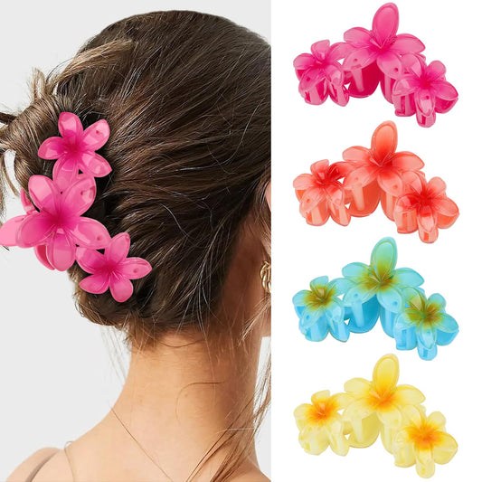 Amariver front view of four glossy flower clips showing colors and design benefit: stylish organization