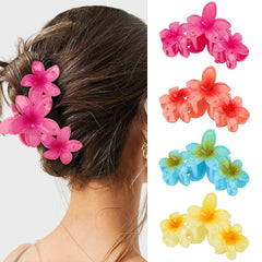 Amariver front view of four glossy flower clips showing colors and design benefit: stylish organization