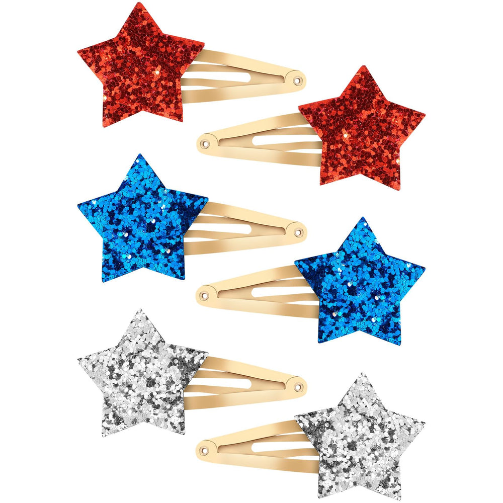 Amariver front packaging showing six red blue silver star clips for festive styling