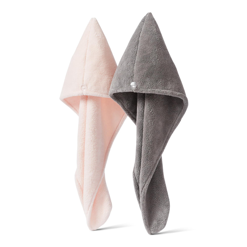 Amazon Basics front view of two-pack showing grey and pink towels and benefits