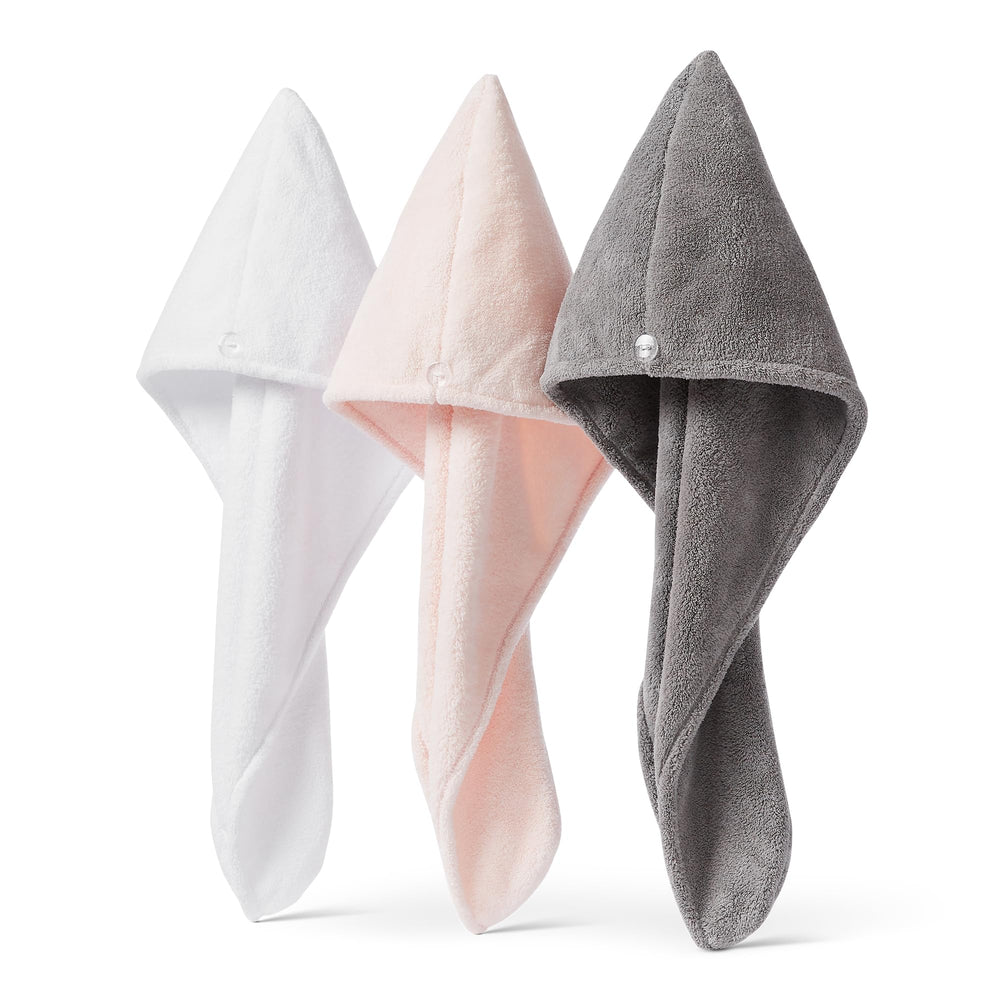 Amazon Basics towel wrap front view showing three colors and quick-dry benefit