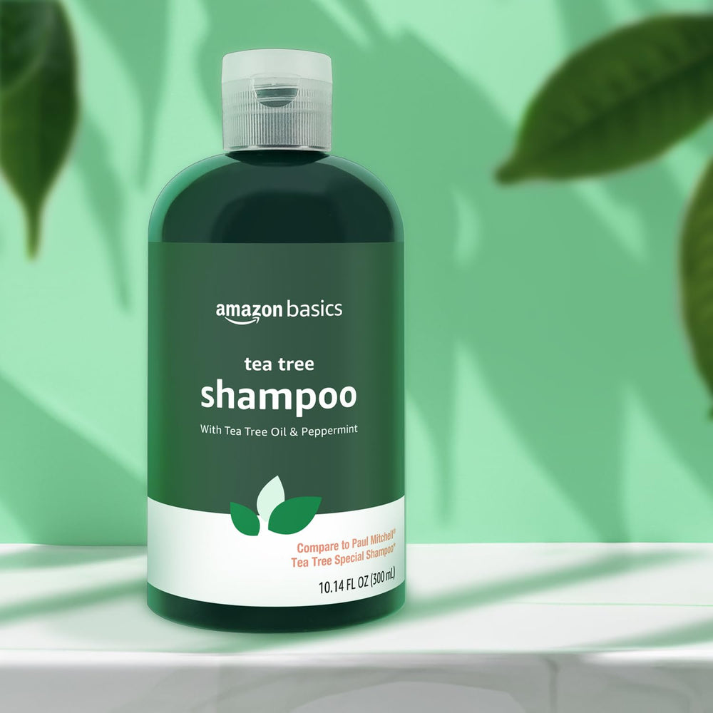 Amazon Basics ingredient label highlighting tea tree and peppermint for botanical clarity