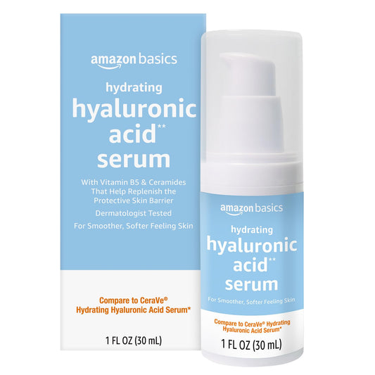 Amazon Basics serum front label showing product name and bottle benefits