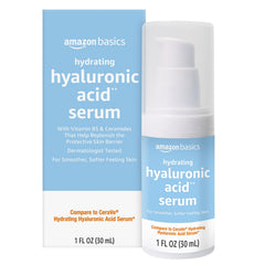 Amazon Basics serum front label showing product name and bottle benefits
