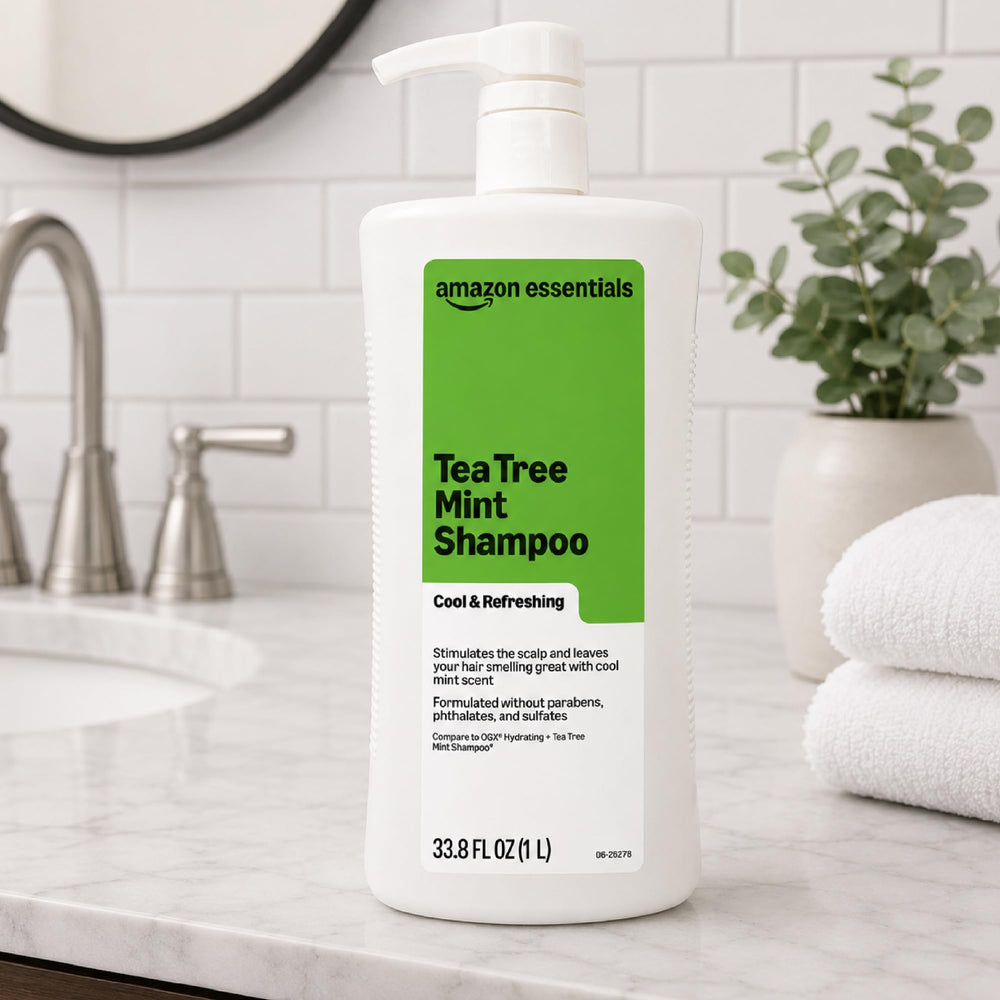 Amazon Essentials shampoo in hand demonstrating application and refreshing mint scent benefit