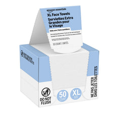 Amazon Essentials front packaging showing 50-count and towel size for convenience