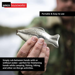 Amco bar in hands demonstrating rubbing action to remove garlic and onion odors benefit