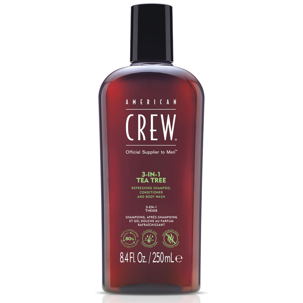 American Crew front packaging showing 3-in-1 bottle and tea tree scent benefit freshening