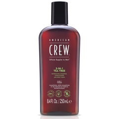 American Crew front packaging showing 3-in-1 bottle and tea tree scent benefit freshening