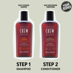 American Crew conditioner on bathroom shelf styled with grooming tools for organized routine benefit