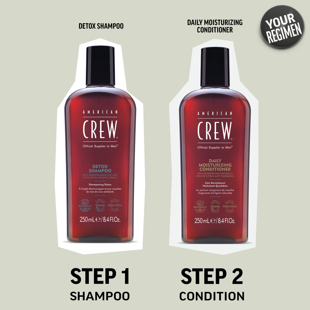 American Crew shampoo on bathroom shelf in styling routine setting