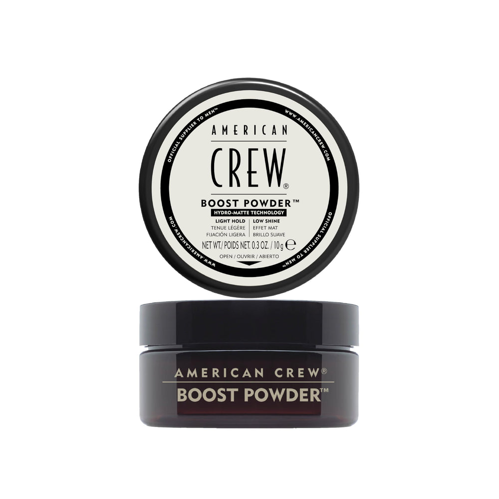 American Crew jar front view showing compact powder and portable lift benefit