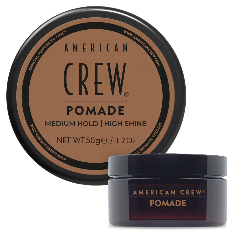 American Crew pomade front jar showing label and compact travel size benefit