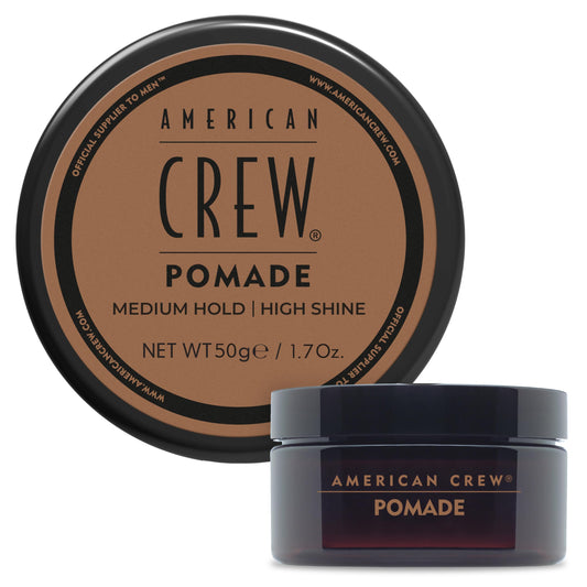American Crew pomade front jar showing label and compact travel size benefit