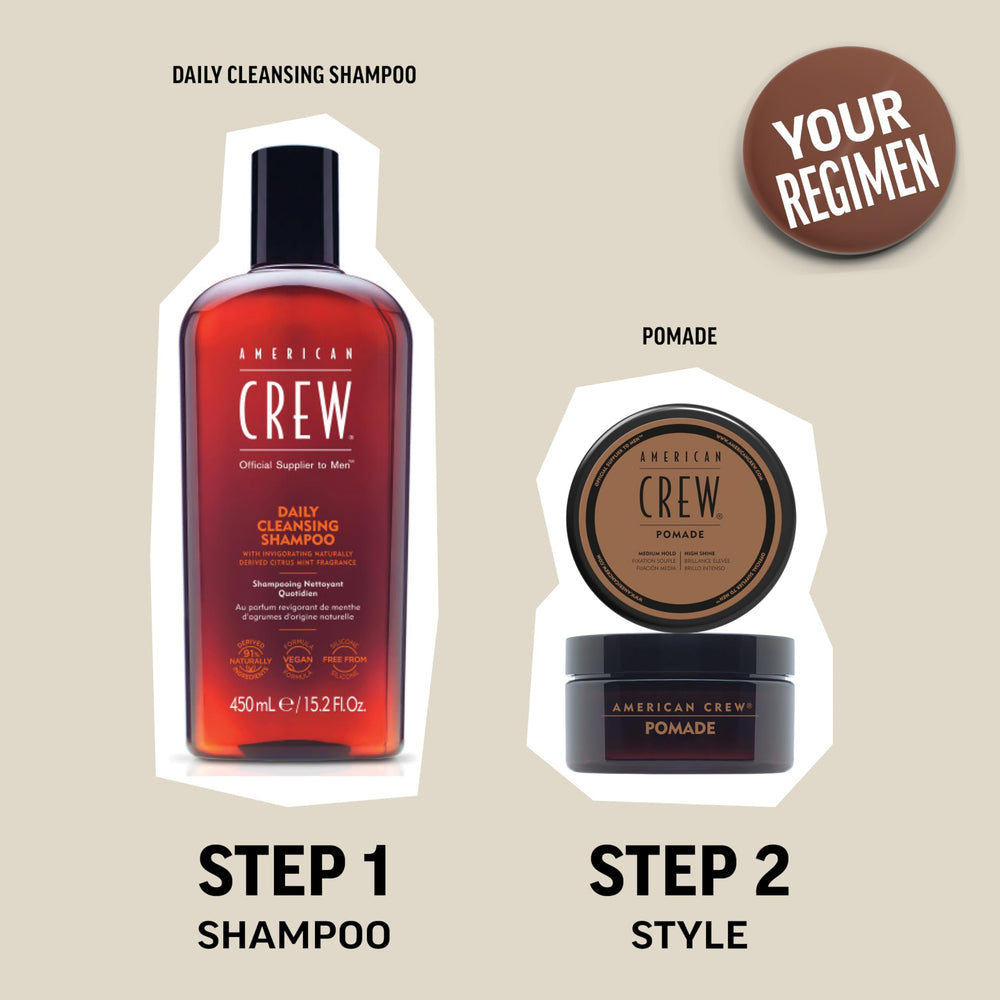 Model with slicked-back hair styled by American Crew pomade illustrating high-shine finish