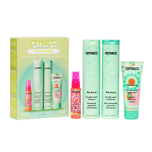 Amika full set front packaging showing products and gift-ready presentation benefit: clear routine
