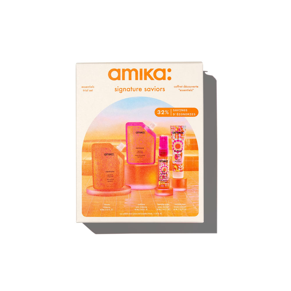 Amika front packaging of the trial set showing travel-ready bottles and convenience
