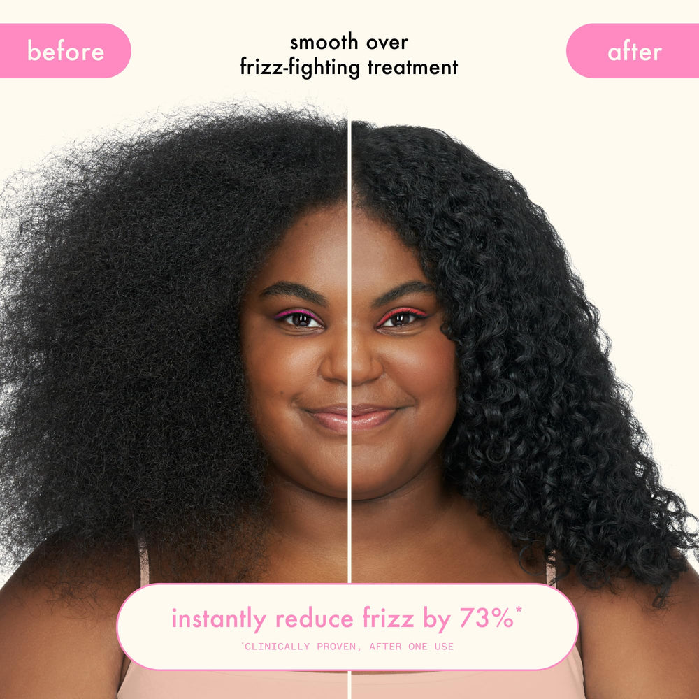 amika Smooth Over before and after hair showing reduced frizz and shine