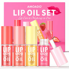 AMOADO front packaging showing four tinted lip oils and gift-ready design