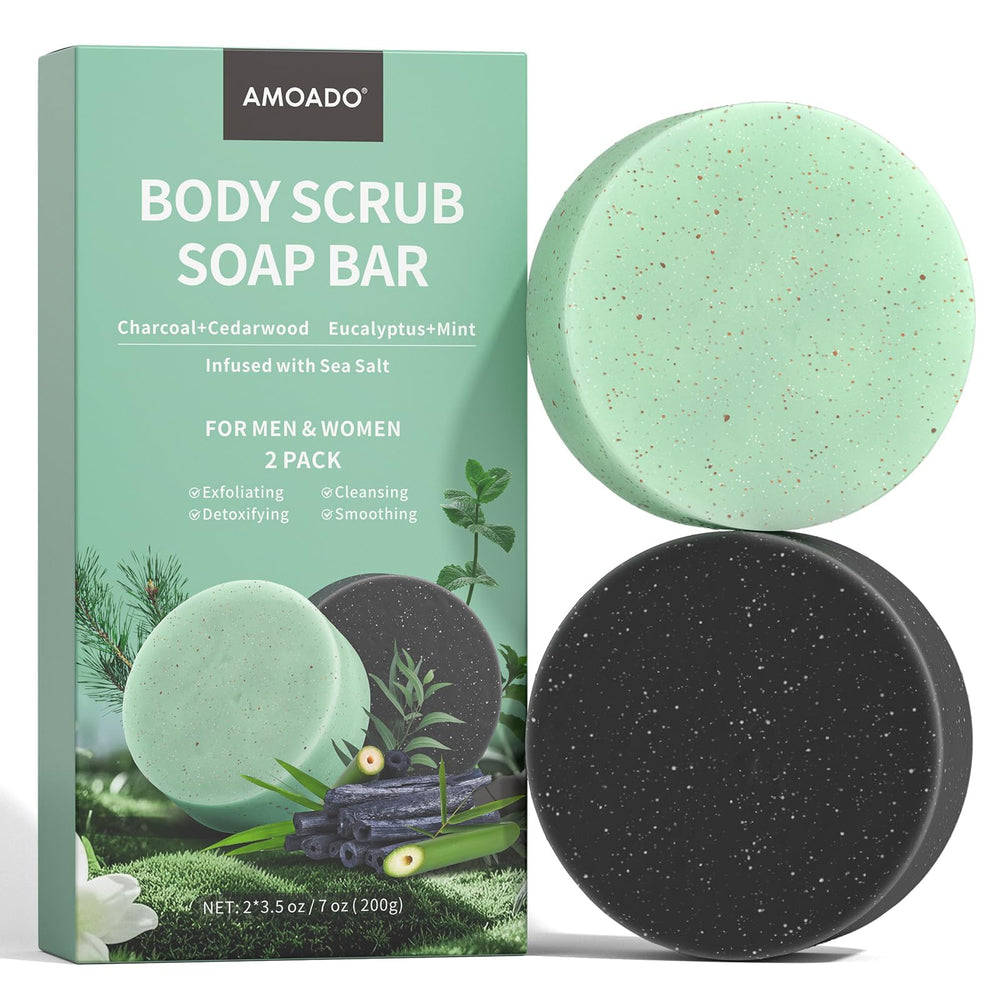 AMOADO front packaging showing both eucalyptus and charcoal bars for a refreshing cleanse
