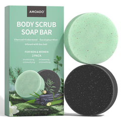 AMOADO front packaging showing both eucalyptus and charcoal bars for a refreshing cleanse