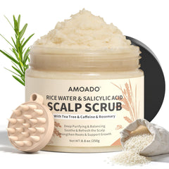 AMOADO front packaging showing rice water scalp scrub for clarifying benefits