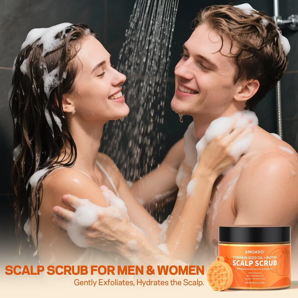 AMOADO scrubber tool detail showing grip and gentle stimulation benefit