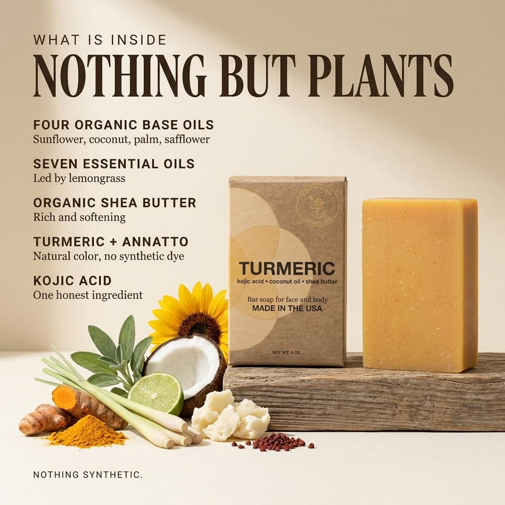 Amphibian Organics label close-up listing turmeric and kojic acid benefits