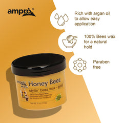 AmPro Beez Wax in a braiding scene illustrating controlled frizz and polished results
