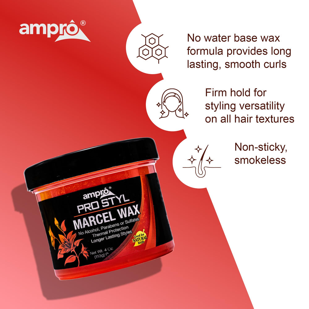 AmPro Marcel Wax on a styling station with tools conveying professional-ready heat protection