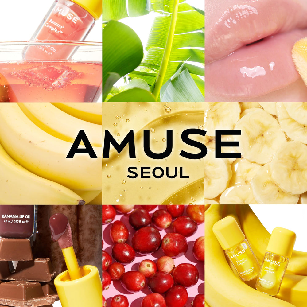 Amuse banana lip oil lifestyle peach setup showing sheer tint and fresh scent benefit