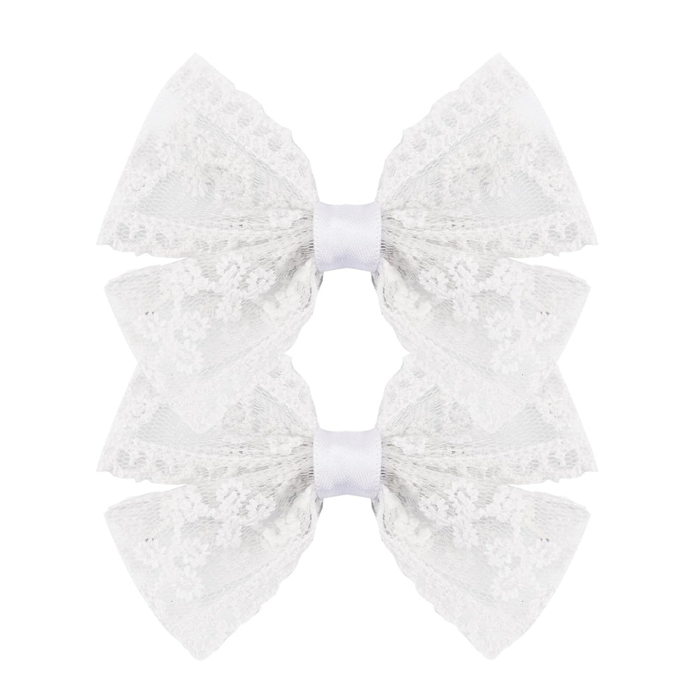 Amybasic front view of two lace bow clips showing vintage style and easy clipping