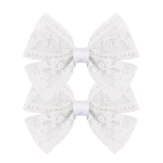 Amybasic front view of two lace bow clips showing vintage style and easy clipping