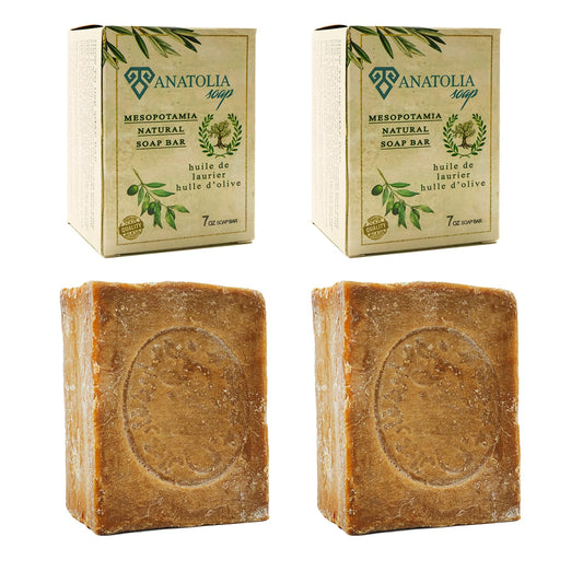 Anatolia Soap front packaging showing two Aleppo 100% olive oil bars for natural cleansing