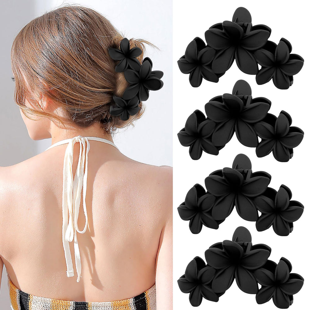 ANBALA front view of four black plumeria clips showing shape and size, easy styling