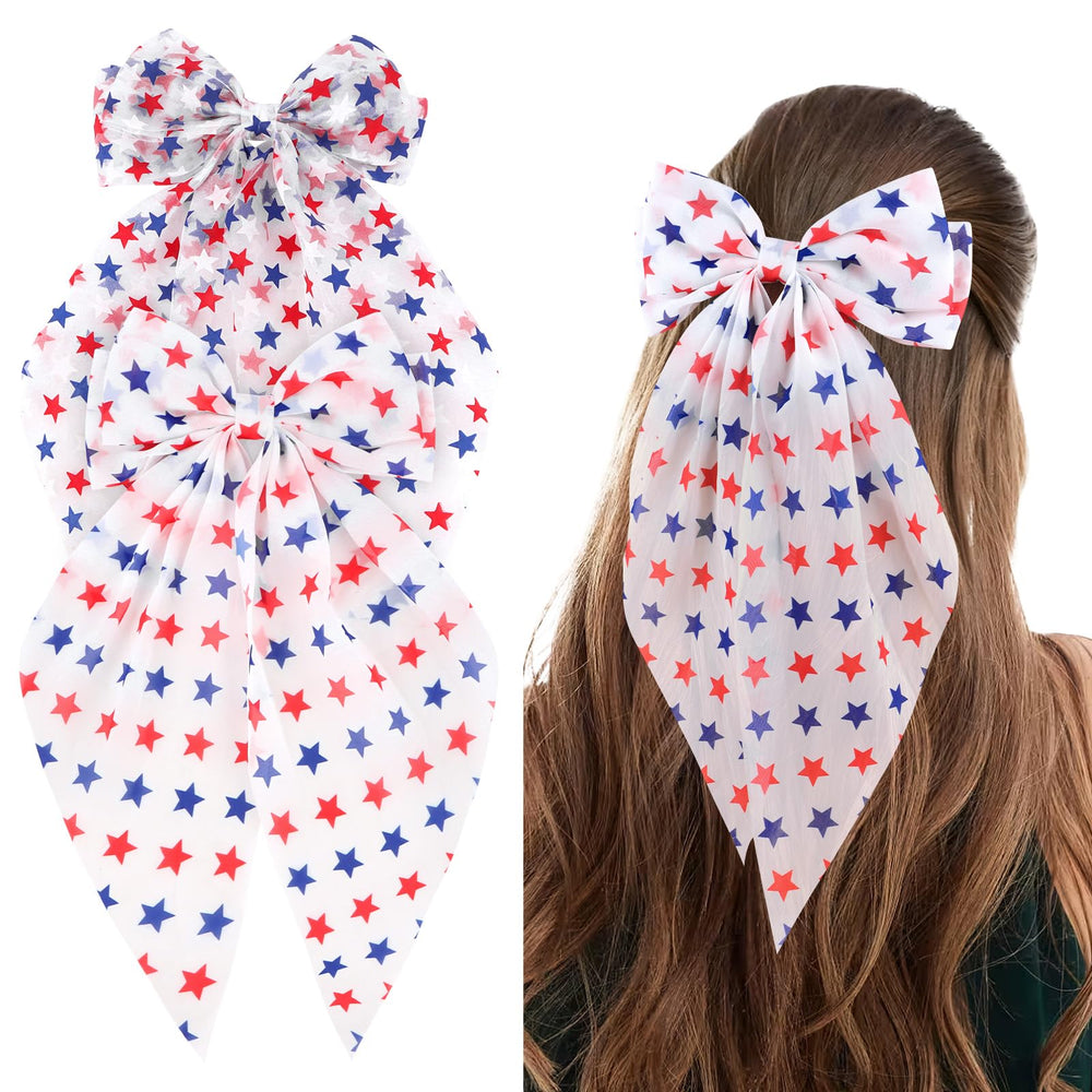 ANBALA front view of two patriotic star hair bows showing colors and shape, festive finish