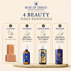 Ancient Greek Remedy body oil bottle close-up highlighting natural oils for deep hydration