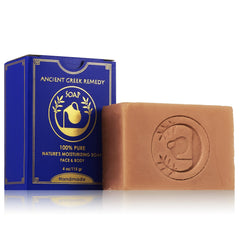Ancient Greek Remedy soap front packaging showing natural branding and ingredients benefits