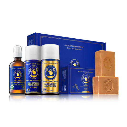 Ancient Greek Remedy gift box front view showing elegant packaging and lavender scent benefit