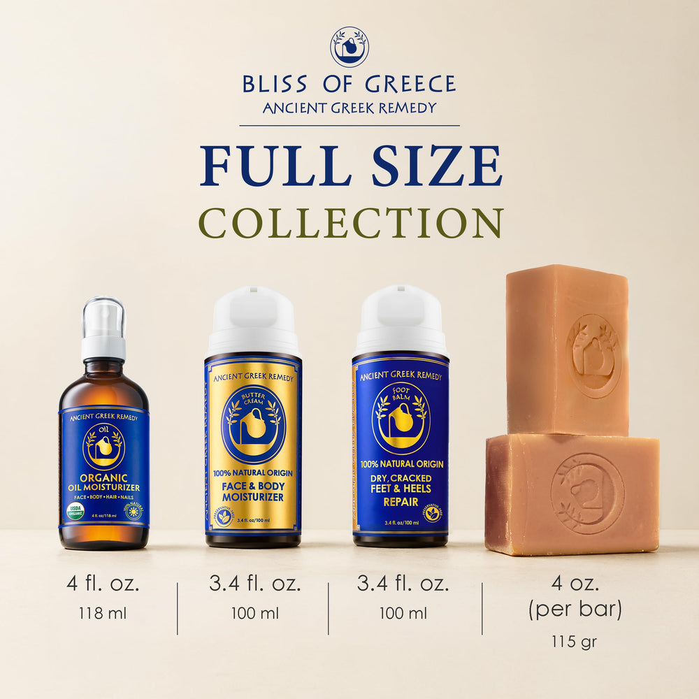 Ancient Greek Remedy products arranged in bathroom scene for calming self-care routine