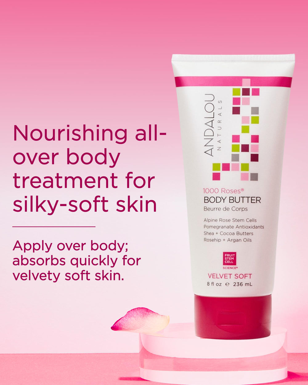 Andalou Naturals hand applying butter illustrating hydration and fast absorption